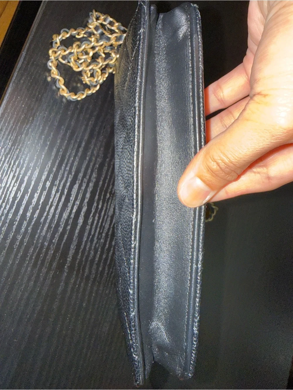 CHANEL Black Quilted Caviar Leather Mini Wallet on Chain with Gold Hardware
